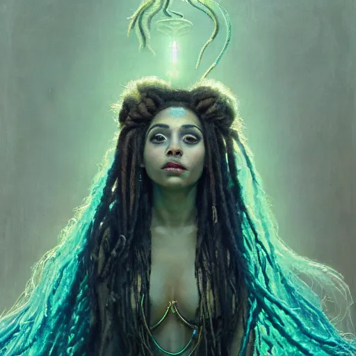 Image similar to birth of mami wata, sumerian goddess inanna ishtar, ashteroth, techno mystic goddess princess intergalactica, with aqua neon rapunzel dreadlocks, mami wata, detailed, by gaston bussiere, bayard wu, greg rutkowski, giger, maxim verehin, greg rutkowski, masterpiece, sharp focus,