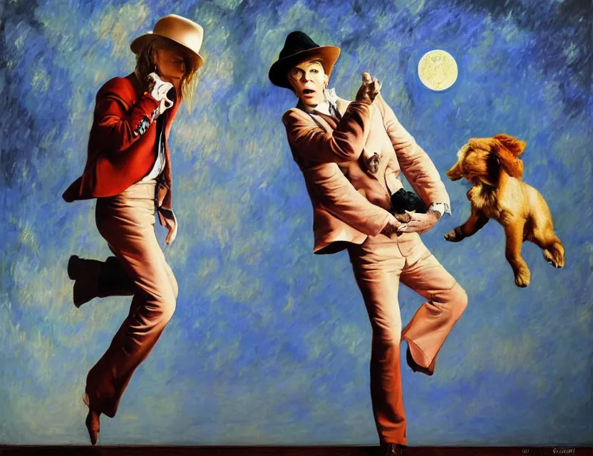 Prompt: an oil painting of david bowie wearing a fedora, kicking a puppy on the moon. painted by monet. baroque elements. baroque element. intricate artwork by caravaggio. oil painting. oil on canvas. award winning. dramatic. trending on artstation. 8 k