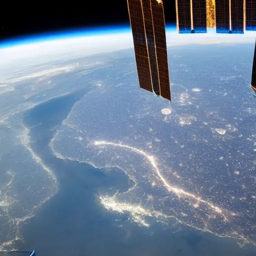 Prompt: photograph from the international space station window as planet earth splits in half following a large asteroid impact, fire explosions