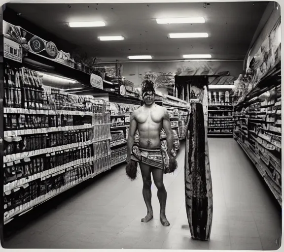 Image similar to low angle photography, maori warrior in a grocery store, deep focus, elegant, highly detailed, polaroid 6 0 0, matte, sharp focus, art by nan goldin, cinematographyby jom jarmusch