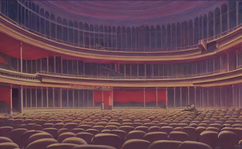 Image similar to Inside a Opera house, very coherent, painted by Edward Hopper, Wayne Barlowe, painted by James Gilleard, airbrush, art by JamesJean