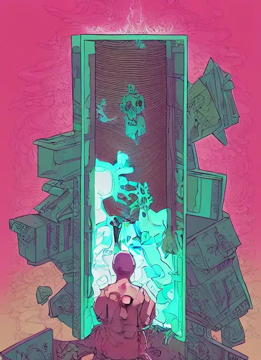 Prompt: Portal to the World of Lost Souls arising out of an opened Book, in the Style of Tomer Hanuka and Robbie Trevino, vibrant colors, harsh contrasts, strong shadows, trending on artstation