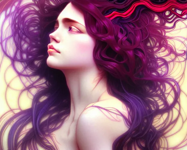 Image similar to overlord, psychedelic flowing hair, close eyes, portrait, highly detailed, deep focus, elegant, digital painting, smooth, sharp focus, illustration, ultra realistic, 8 k, art by artgerm and alphonse mucha