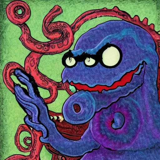 Image similar to Elmo as a lovecraftian god, tendrils and eyes