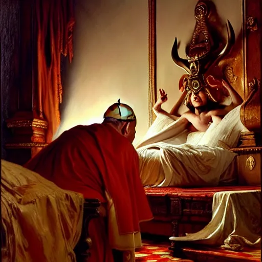 Image similar to the pope wakes up is his bed, sweating, nervous, terrified, because a double horned shadow demon lurks in the papal bedroom. highly detailed painting by gaston bussiere, j. c. leyendecker, greg rutkowski, craig mullins 8 k