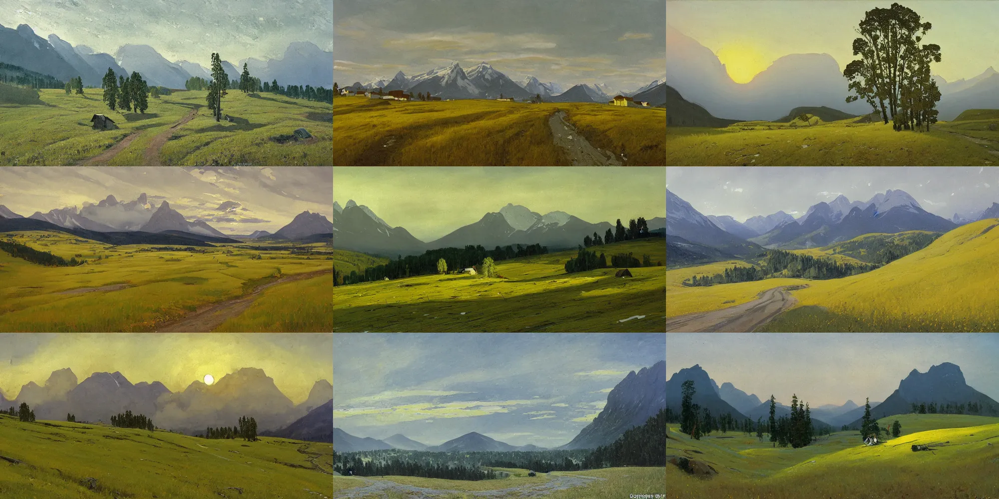 Prompt: painting in the style of Isaac Levitan, Savrasov, Arkhip Kuindzhi and Ivan Shishkin, T Allen Lawson and Ian Fisher and Sidney Richard Percy, Alpes, norway fjords, high mountains, green yellow fields and Forests and snowy tops of mountains, road to the small village at sunset sunrise, foggy day, low clouds after rain, wet grass and stones, dream heavenly cloudy sky, horzon, hurricane stromy clouds, volumetric lighting, very beautiful scenery, pastel colors, ultra view angle view