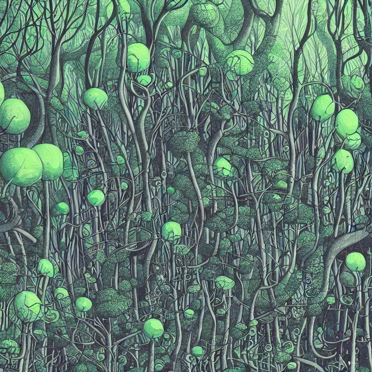 Image similar to illustration of a futuristic forest, highly detailed, by Malika Fayre