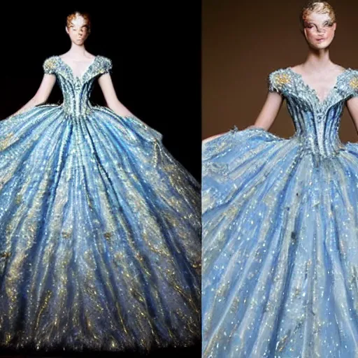 Image similar to Stunning photograph of a magnificent and ethereal ball gown designed after by Van Gogh's Starry Night. Fashion contest winning piece. Studio lighting