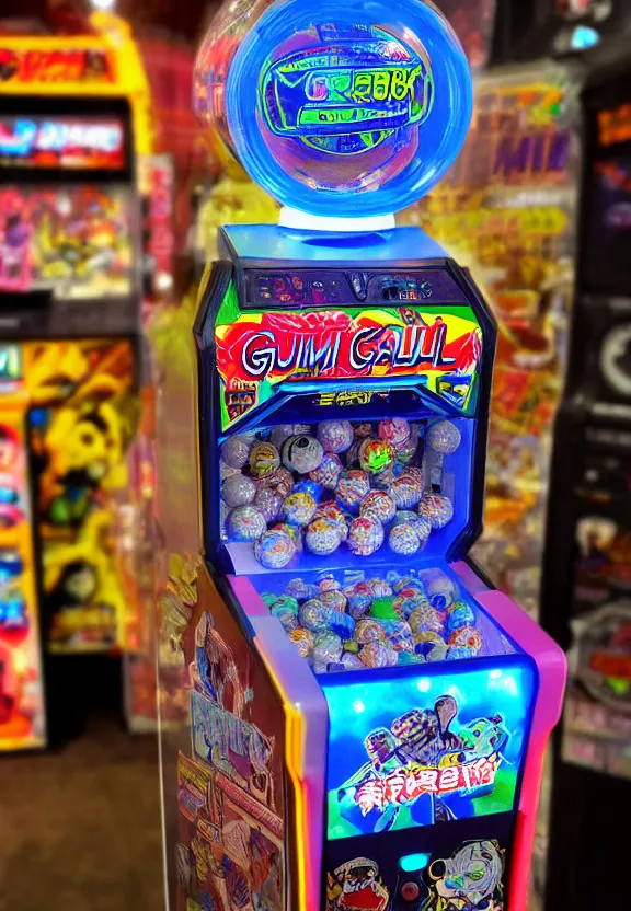 Image similar to cyberpunk gumball gashapon machine, filled with cute toys, in an arcade