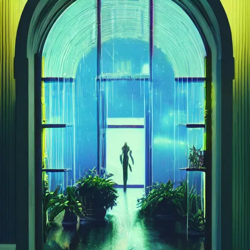 Image similar to 80s interior with arched windows, neon rain, hanging plants, cinematic, cyberpunk, lofi, calming, dramatic, fantasy, by Moebius, by zdzisław beksiński, Fantasy LUT, high contrast, epic composition, sci-fi, dreamlike, surreal, angelic, cinematic, 8k, unreal engine, hyper realistic, fantasy concept art,