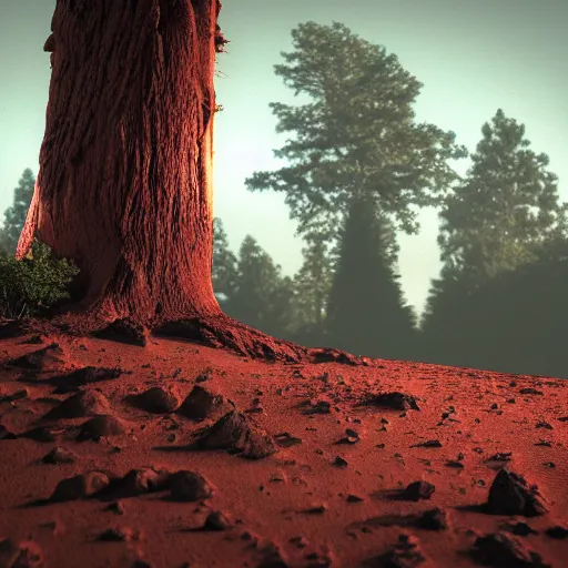 Prompt: mars surface with trees, 8 k, octane render, high details