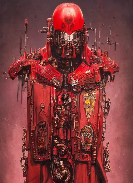 Image similar to portrait of rotten flash head adeptus mechanicus in red hood and robe from Warhammer 40000. Highly detailed, artstation, illustration by and John Blanche and zdislav beksinski and wayne barlowe