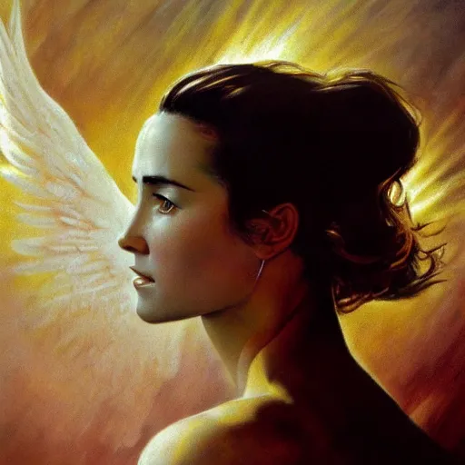 Prompt: frank frazetta portrait of jennifer connelly as angelic light being, full body, 8 k, realistic, photo real, smooth, sharp, intricate detail, hyper detail, dramatic lighting, dramatic shading