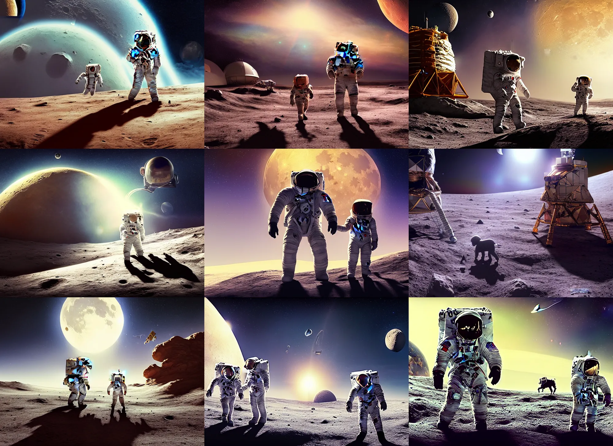 Prompt: one astronaut with his daughter and their cute dog on the moon, beautiful dynamic lighting, cinematic, wide angle establishing shot, extremely high detail, photo realistic, cinematic lighting, post processed, concept art, artstation, matte painting, style by frederic church, raphael lacoste, unreal engine 8 k