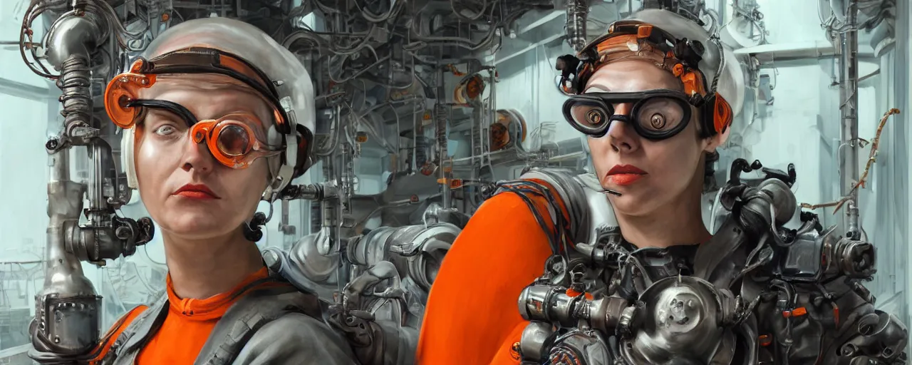 Image similar to character concept art 3 / 4 portrait of tattooed stoic heroic emotionless butch blonde woman engineer with short slicked - back hair, wearing dark victorian goggles, wearing orange bandana around neck, working inside reactor room, awkward and uncomfortable and anxious, dirty, dynamic composition by ron cobb. industrial space program, scifi, hyper detailed. octane render. trending on artstation