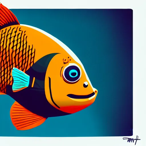 Image similar to profile of one stylized fish in center of view, photo studio, artstation, intricate, realistic, highly detailed, digital painting, concept art, sharp focus, illustration by tom whalen and charles williams and kilian eng and james jean