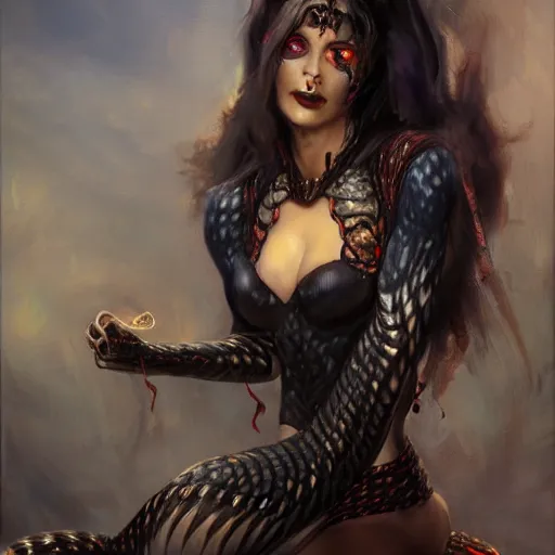 Image similar to snake woman hybrid, long, black scales, bright amber eyes, chest coverd, scales on her chest, smileing happy, cinematographic shot, by daniel f. gerhartz