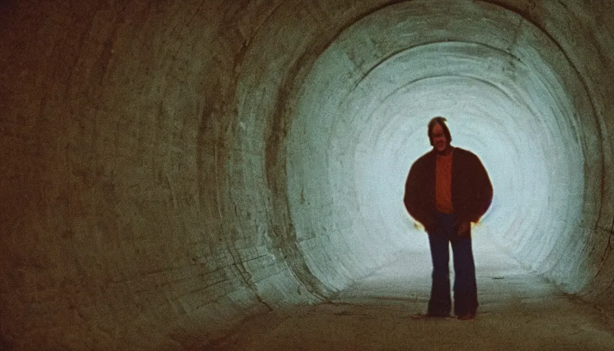 Image similar to 1 9 7 0 s movie still of a man in a tunnel of stomach, cinestill 8 0 0 t