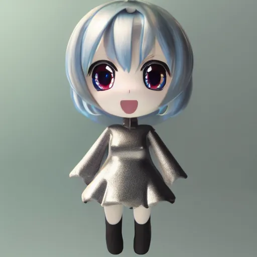 Image similar to cute fumo plush of a metallic reflective girl, global illumination reflectance probe, ssao, sparkling glossy finish, chibi anime, vray