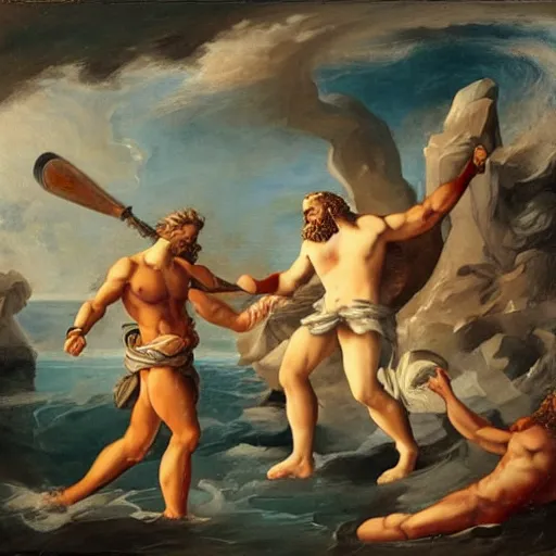 Prompt: Zeus and Poseidon fighting