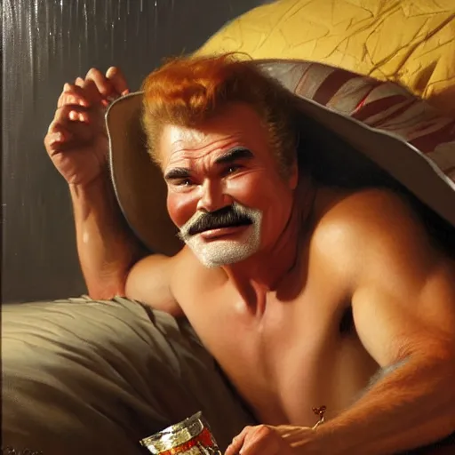 Image similar to burt reynolds is in his bed, nervous and terrified, because an evil rip taylor is throwing confetti from a bucket at him. highly detailed painting by gaston bussiere, j. c. leyendecker, greg rutkowski, craig mullins 8 k