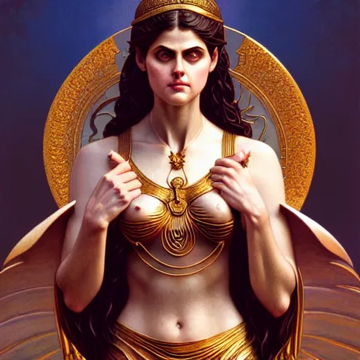 Prompt: ultra realistic tarot card illustration, a statue of glorious goddess alexandra daddario, intricate, elegant, highly detailed, digital painting, artstation, concept art, smooth, sharp focus, illustration, art by artgerm and greg rutkowski and alphonse mucha