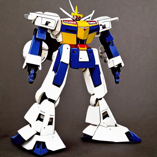 Prompt: Gundam robot with guitar. 80s Mecha anime