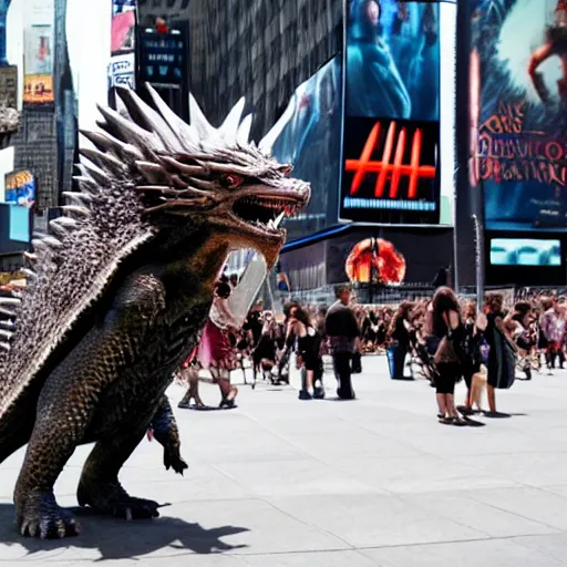 Image similar to game of thrones Daenerys riding a dragon in new york time square