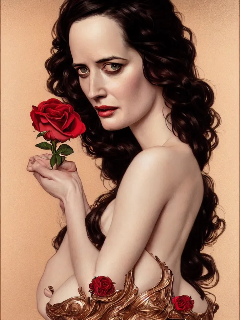 Image similar to Eva Green with a rose gold dress, with no derpy face, hyper realistic portrait, intricate, elegant, highly detailed, digital painting, artstation, concept art, rough, sharp focus, illustration, art by artgerm and greg rutkowski and alphonse mucha