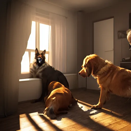 Image similar to a picture of an old man with 2 giant dogs next to him living in a small messy apartment, German shepard and a golden retriever, midwestern redneck life, sharp edges, realistic image, 8k UHD, arnold render, realism, dramatic, HD, high details, poverty