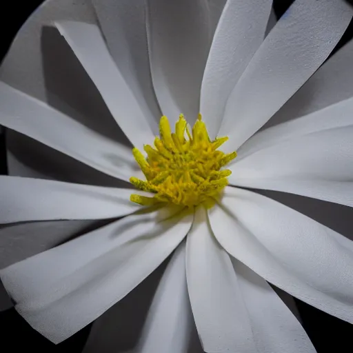 Prompt: white flower with sharp petals, metal dot inclusions in stem, smooth, silvery, contrast, side light, product shot