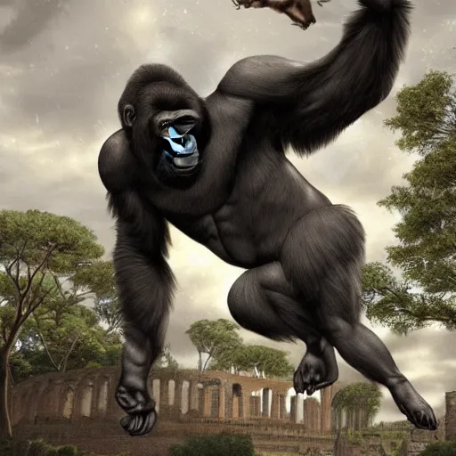 Prompt: a gorilla flying through Ancient Rome, digital art, highly detailed, trending on artstation