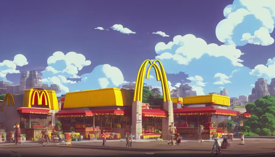 Image similar to A highly detailed matte painting of the biggest McDonalds in the world, by Studio Ghibli, Makoto Shinkai, by Artgerm, by beeple, by Greg Rutkowski, volumetric lighting, octane render, 4K resolution, trending on artstation, masterpiece