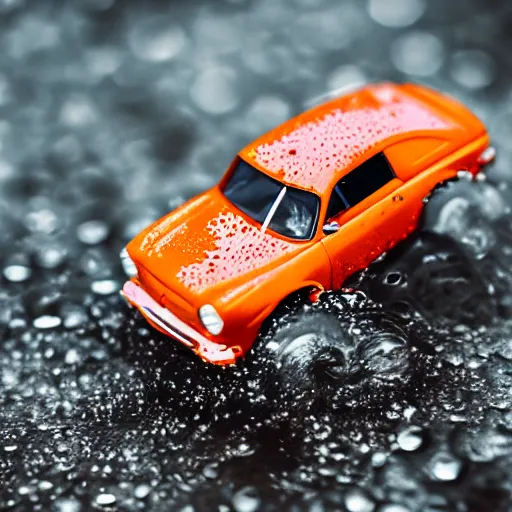 Prompt: macro photography of a hot wheels car driving through a puddle in the rain, 3 5 mm