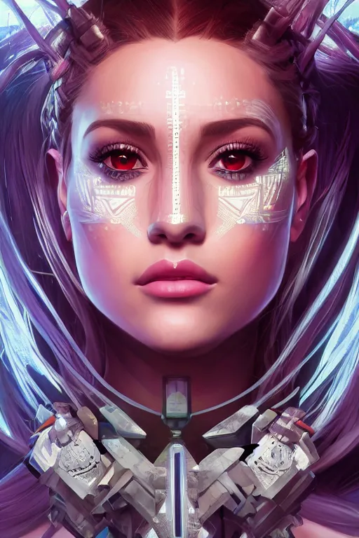 Prompt: symmetry!! portrait of arianna grande in the style of horizon zero dawn, machine face, intricate, elegant, highly detailed, digital painting, artstation, concept art, smooth, sharp focus, illustration, art by artgerm and greg rutkowski and alphonse mucha, 8 k