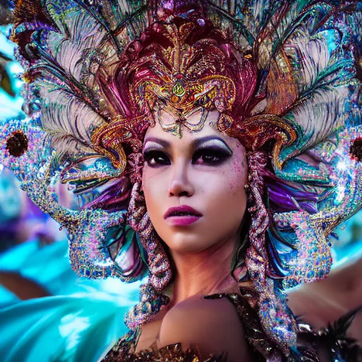 Prompt: photography of brazilian carnaval queen by istvan sandorfi & thomas eakes & xiang duan, perfect facial symmetry, dim volumetric cinematic lighting, 8 k, post - processing, extremely hyper - detailed, intricate, epic composition, masterpiece, stunning,