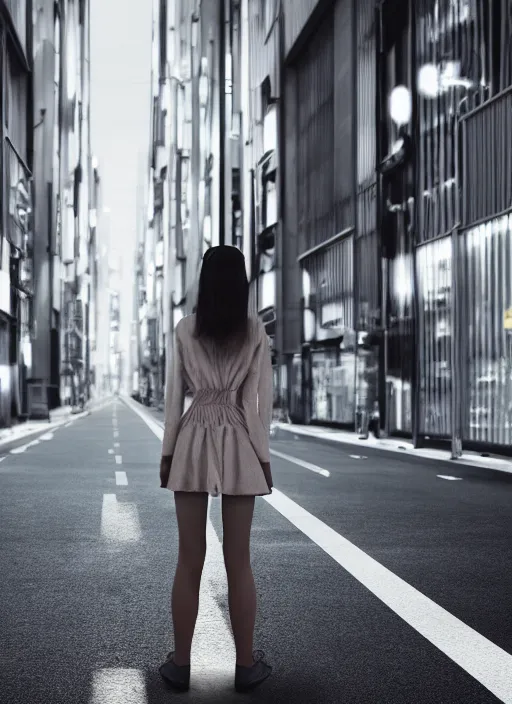 Image similar to headless girl standing in the middle of the tokyo street, photorealistic, canon r 3, symmetry, octane render, unreal engine, dramatic lights