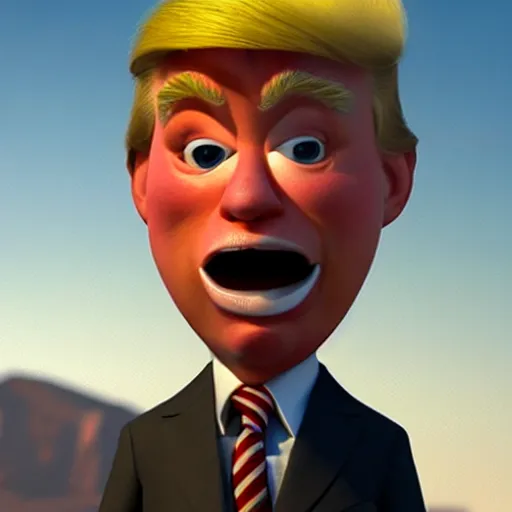 Prompt: happy, render of fun donald trump cartoony character, from the new pixar movie, dynamic lighting, cgsociety