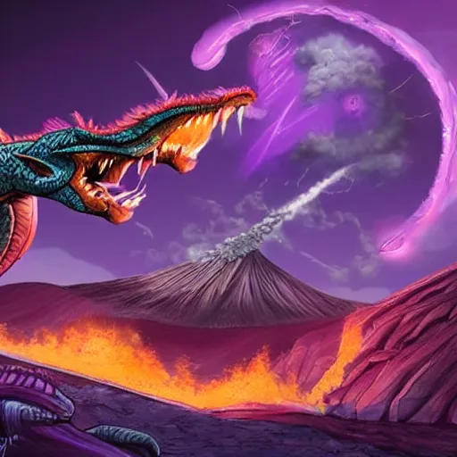 Image similar to a purple dragon fighting a retrofuturistic spaceship with a volcano in the background, concept art by ken steacy