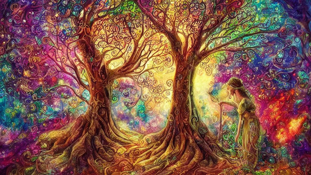 Prompt: Magical realism tree of life” Beautiful Dreamscape, Digital art, concept art, detailed, lovely colors, Art station,3-D 4K, beautiful background, matte painting, Josephine wall,