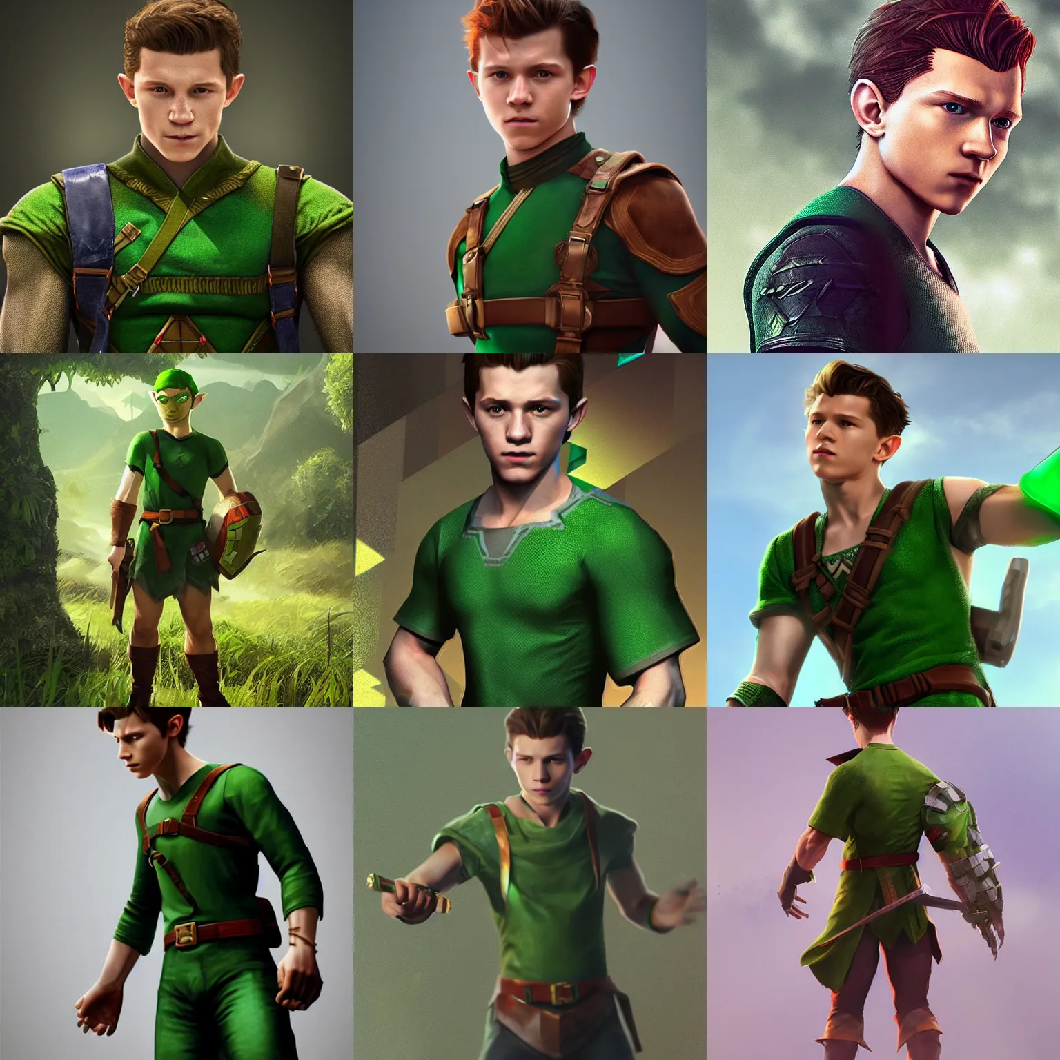 Prompt: Tom Holland wearing green Legend of Zelda tunic. Trending on Artstation, octane render, ultra detailed, art by Ross tran