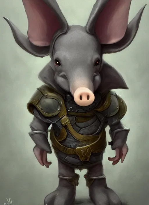 Image similar to cute little anthropomorphic aardvark prince wearing grey hood, tiny, small, miniature animal, baby animal, short, pale black armor, cute and adorable, pretty, beautiful, DnD character art portrait, matte fantasy painting, DeviantArt Artstation, by Jason Felix by Steve Argyle by Tyler Jacobson by Peter Mohrbacher, cinematic lighting