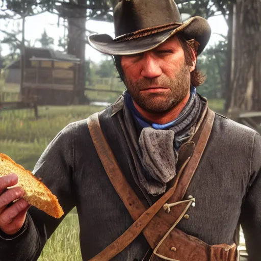 Prompt: arthur morgan from red dead redemption 2 eating a sandwich photo - realistic