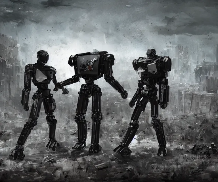 Image similar to androids fighting robots, post - apocalyptic world, dark landscapes, dreary