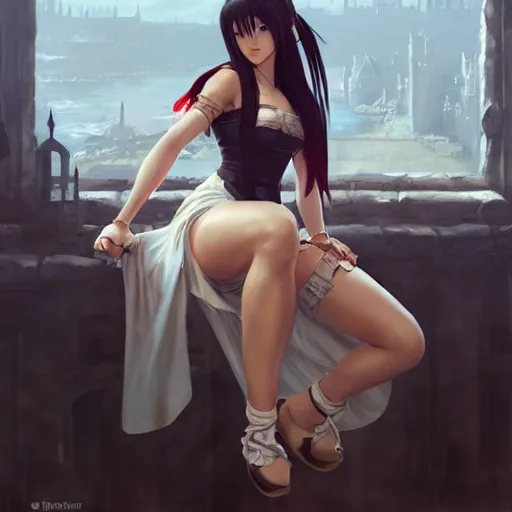 Image similar to a painting of tifa from final fantasy 7 in kings landing from game of thrones, sitting majestic on the iron throne, by greg rutkowski, artgerm, wlop, ruan jia, krenz cushart, alphonse mucha, marble, gold, unreal engine 5