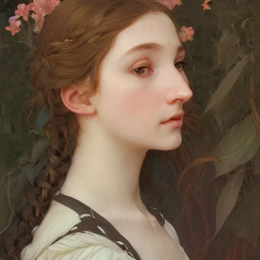 Image similar to Portrait of beautiful pale peasant girl, cinematic lighting, intricate, elegant, highly detailed, digital painting, artstation, smooth, sharp focus, illustration, art by artgerm and greg rutkowski and alphonse mucha and Wayne Barlowe and william-adolphe bouguereau