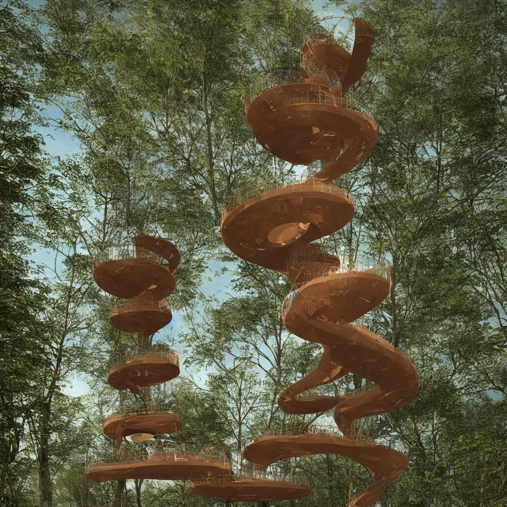 Image similar to Hyper realistic, helix shaped observation tower made by corten in forest, Future design, wide angle shot, architecture design, parametric architecture, covers by textile, environment, morning light, Cinematography, mega scans, cinematic, hyper realistic, photo real, cinematic composition, highly detailed, vray, 8k render