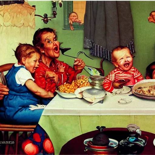 Image similar to hyper realistic hight detailed grandmother with a big mouth eating babies andivan shishkin on the table in the russian kitchen, by norman rockwell, bright colors, 4 k, 1 6 k, 3 2 k, photorealistic, cartoon style