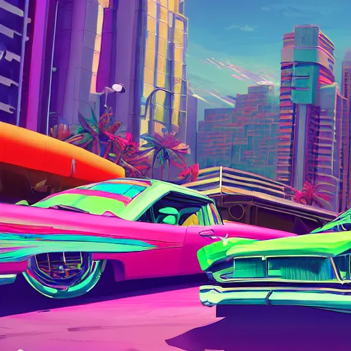 Image similar to swagger! lowrider culture, living large in the city by tyler edlin, editorial, bold colors, detailed, bold colors, miami vice, incredible lighting, great composition, artstation