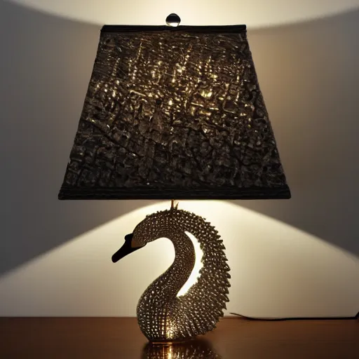 Prompt: luxury table lamp with a swan shape, intricate details, designed by swarovski